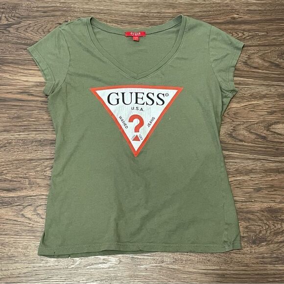 Guess Tops - Guess Cap Sleeve V Neck Logo Tshirt Olive Green Size Large